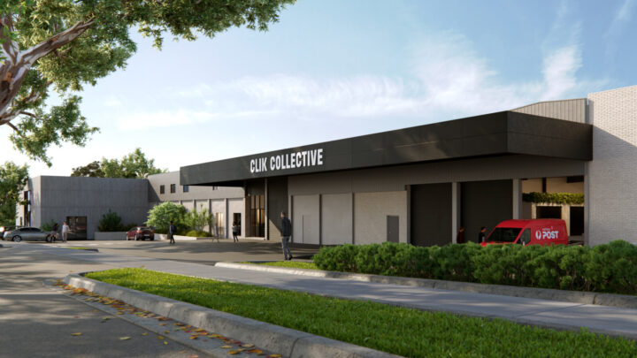 Exterior view of CLIK Collective Vermont. Black canopy with CLIK Collective written in white.